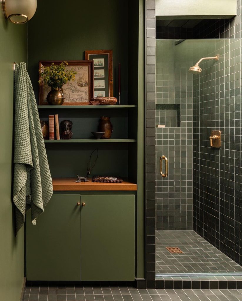 Green bathroom tile, green cabinet, green bathroom inspiration by Jess Craven